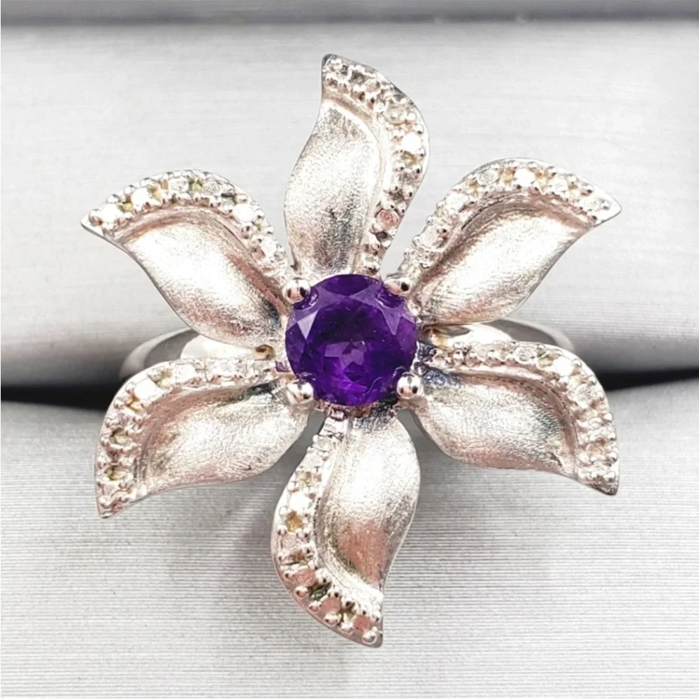 Genuine Round Purple Amethyst & Diamond Accent 925 Silver Flower Statement Ring